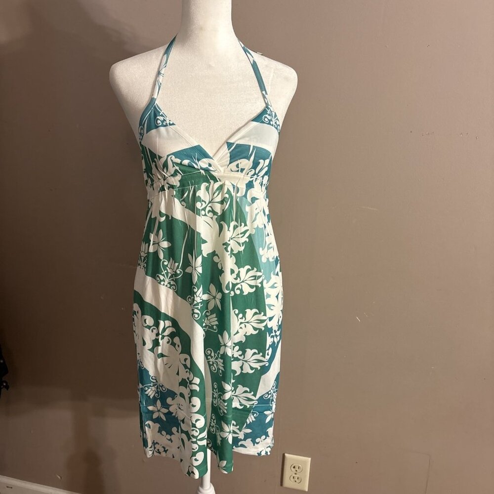 Belize Swim Cover Up Nylon Dress Green White Floral Halter Tie Sz M